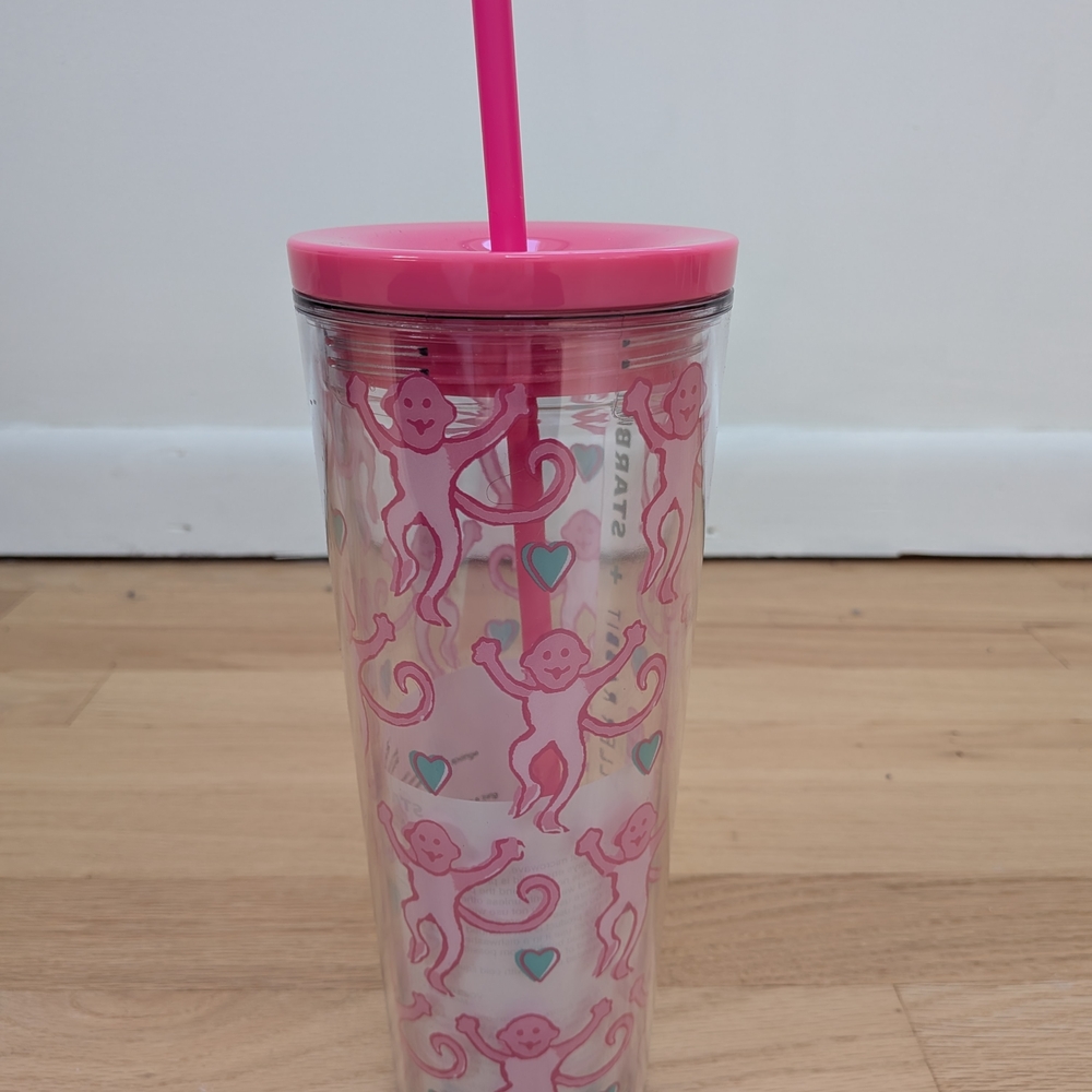 Roller Rabbit Pink Monkey Tumbler with Straw